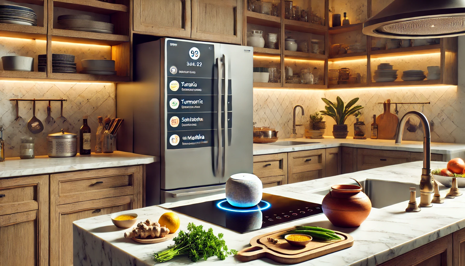 A contemporary Indian kitchen featuring Smart Kitchen Appliances, including a voice-controlled smart speaker guiding a chef using an energy-saving induction cooktop. An app-connected fridge displays a grocery list in Hindi. Fresh turmeric and coriander are placed nearby, alongside a traditional clay pot (matka) for cultural contrast. The kitchen is clean, clutter-free, and illuminated by warm under-cabinet lighting, blending modern technology with traditional elements.