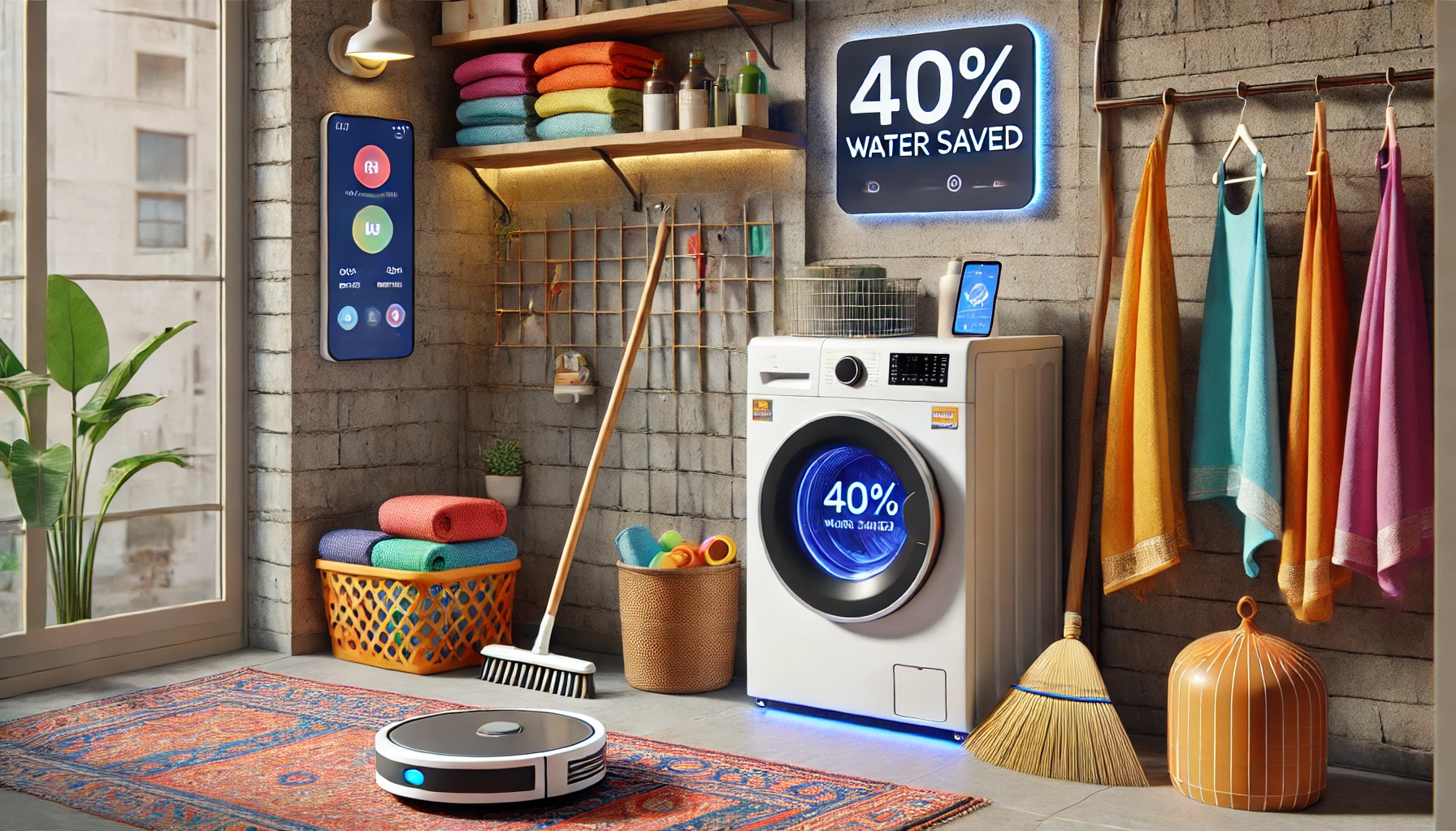 A compact urban Indian laundry area featuring Smart Laundry & Cleaning Appliances, including a Wi-Fi-enabled washing machine with a '40% Water Saved' LED display. A robotic vacuum navigates around a traditional jhadoo (broom) leaning against the wall. Bright laundry baskets hold colorful Indian textiles. A smartphone nearby displays a 'Cleaning Complete' notification. The space seamlessly blends modern smart home technology with traditional elements for efficient laundry and cleaning.